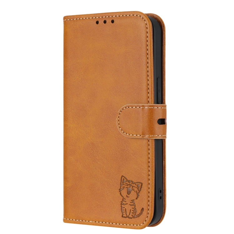 For iPhone 15 Pro Embossed Happy Cat Pattern Flip Leather Phone Case(Yellow) - HoMEdemic™ 