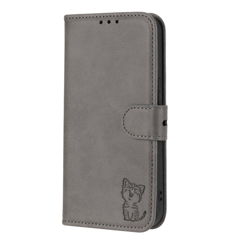 For iPhone 15 Pro Embossed Happy Cat Pattern Flip Leather Phone Case(Grey) - HoMEdemic™ 