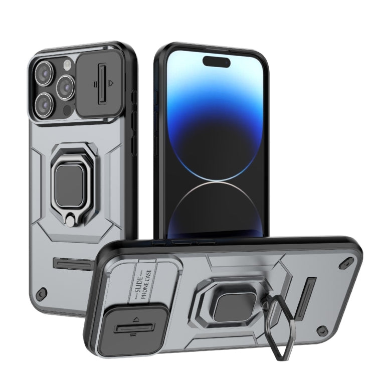 For iPhone 15 Pro Max Sliding Camshield TPU + PC Shockproof Phone Case with Holder(Grey) - HoMEdemic™ 