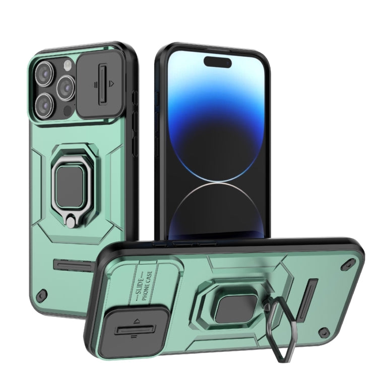 For iPhone 15 Pro Max Sliding Camshield TPU + PC Shockproof Phone Case with Holder(Green) - HoMEdemic™ 
