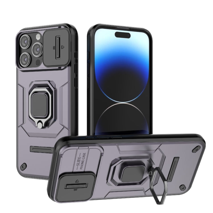 For iPhone 15 Pro Max Sliding Camshield TPU + PC Shockproof Phone Case with Holder(Purple) - HoMEdemic™ 