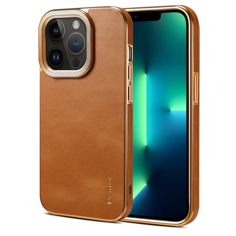 For iPhone 13 Pro Max Denior Cowhide Leather Plating Phone Case(Khaki) - HoMEdemic™ 