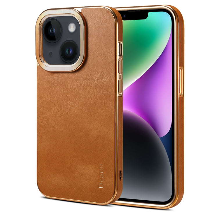 For iPhone 14 Plus Denior Cowhide Leather Plating Phone Case(Khaki) - HoMEdemic™ 