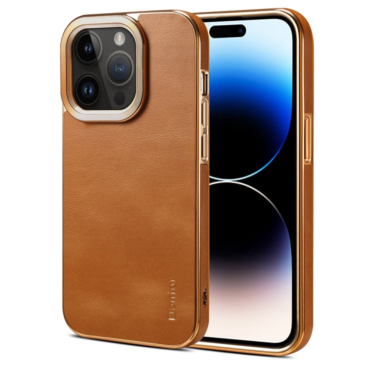 For iPhone 14 Pro Max Denior Cowhide Leather Plating Phone Case(Khaki) - HoMEdemic™ 