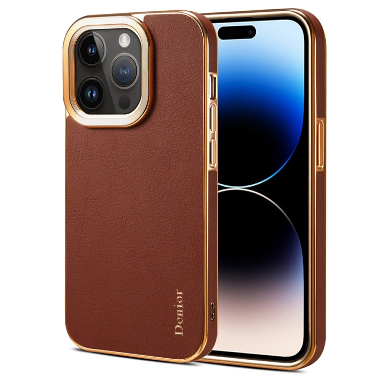 For iPhone 14 Pro Max Denior Cowhide Leather Plating Phone Case(Brown) - HoMEdemic™ 