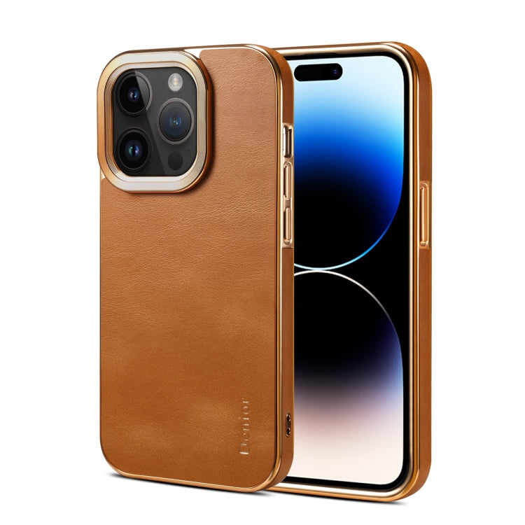 For iPhone 15 Pro Max Denior Cowhide Leather Plating Phone Case(Khaki) - HoMEdemic™ 