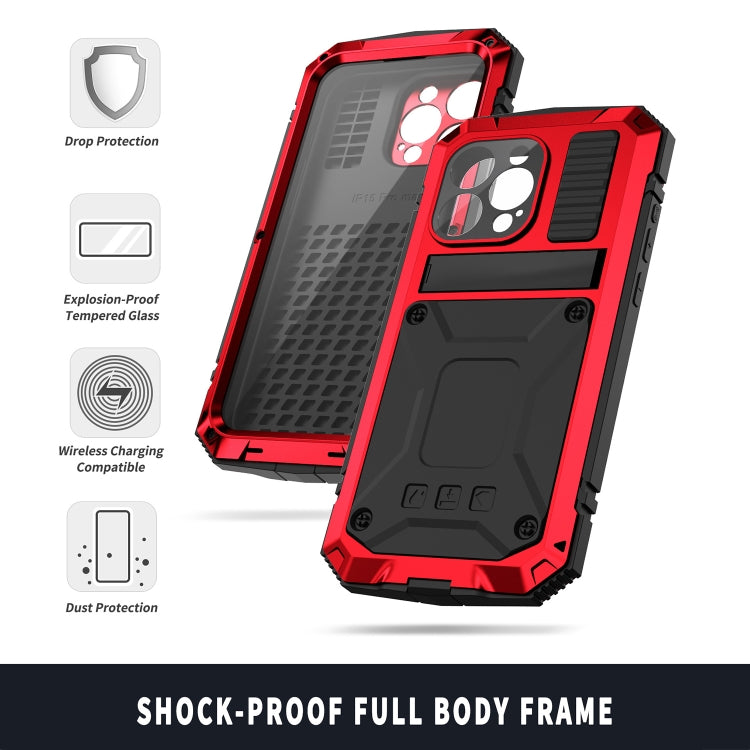 For iPhone 15 Pro R-JUST Shockproof Life Waterproof Dust-proof Metal + Silicone Phone Case with Holder(Red) - HoMEdemic™ 