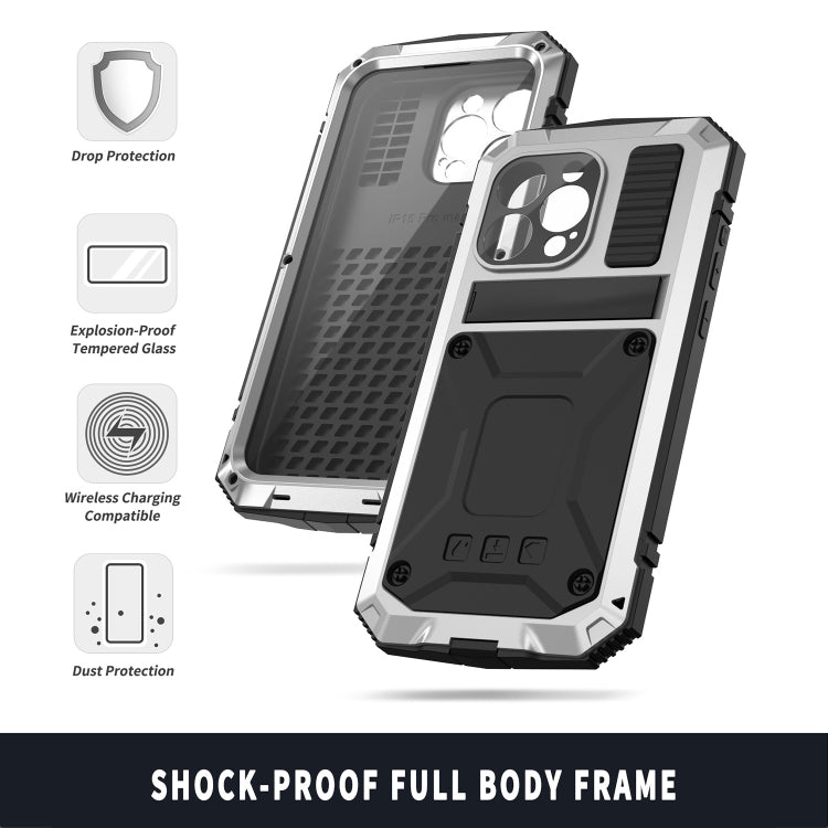 For iPhone 15 Pro R-JUST Shockproof Life Waterproof Dust-proof Metal + Silicone Phone Case with Holder(Silver) - HoMEdemic™ 