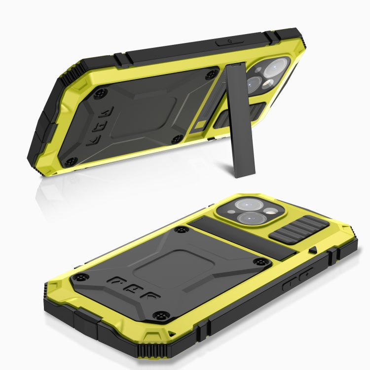 For iPhone 15 R-JUST Shockproof Life Waterproof Dust-proof Metal + Silicone Phone Case with Holder(Yellow) - HoMEdemic™ 
