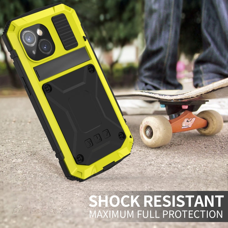 For iPhone 15 R-JUST Shockproof Life Waterproof Dust-proof Metal + Silicone Phone Case with Holder(Yellow) - HoMEdemic™ 