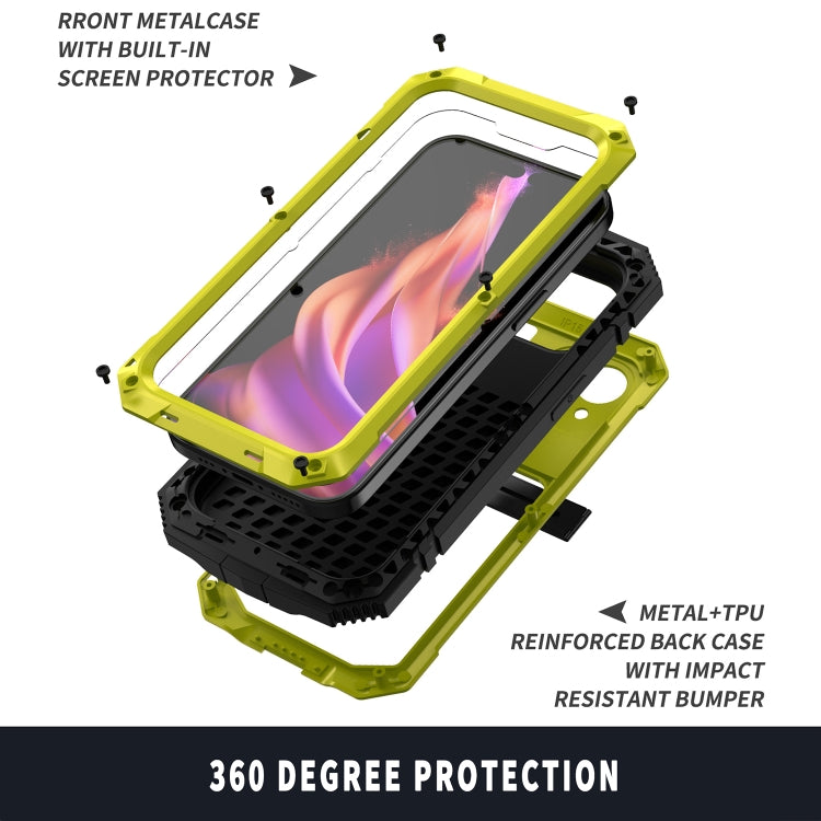 For iPhone 15 R-JUST Shockproof Life Waterproof Dust-proof Metal + Silicone Phone Case with Holder(Yellow) - HoMEdemic™ 