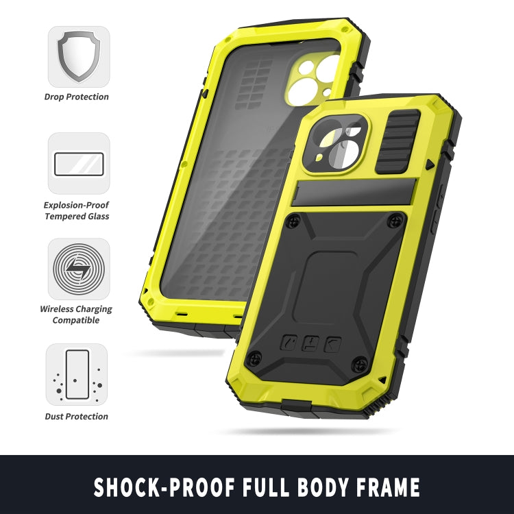 For iPhone 15 R-JUST Shockproof Life Waterproof Dust-proof Metal + Silicone Phone Case with Holder(Yellow) - HoMEdemic™ 