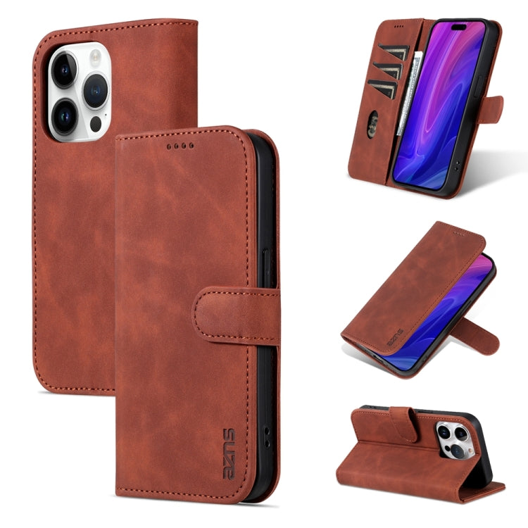 For iPhone 15 Pro Max AZNS Skin Feel Calf Texture Flip Leather Phone Case(Brown) - HoMEdemic™ 
