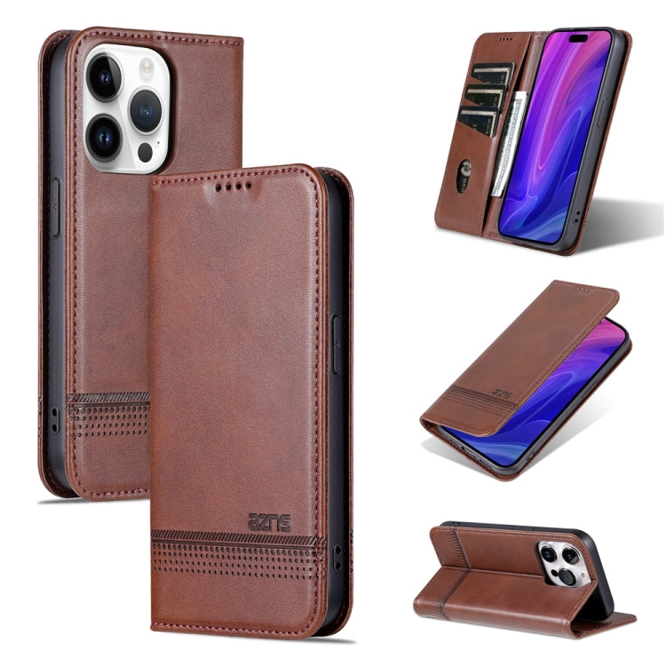For iPhone 15 Pro Max AZNS Magnetic Calf Texture Flip Leather Phone Case(Dark Brown) - HoMEdemic™ 