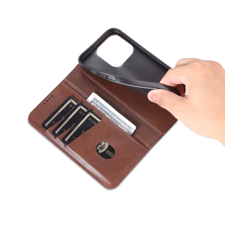 For iPhone 15 Pro Max AZNS Magnetic Calf Texture Flip Leather Phone Case(Dark Brown) - HoMEdemic™ 