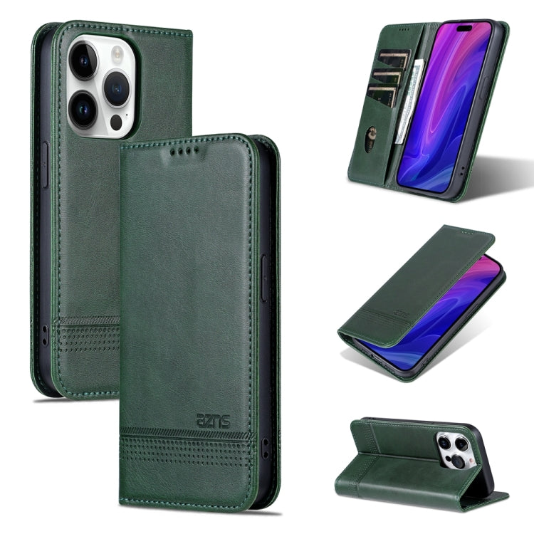 For iPhone 15 Pro Max AZNS Magnetic Calf Texture Flip Leather Phone Case(Dark Green) - HoMEdemic™ 