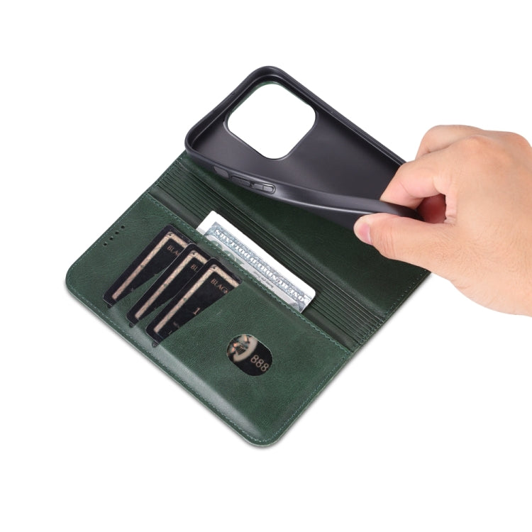 For iPhone 15 Pro Max AZNS Magnetic Calf Texture Flip Leather Phone Case(Dark Green) - HoMEdemic™ 