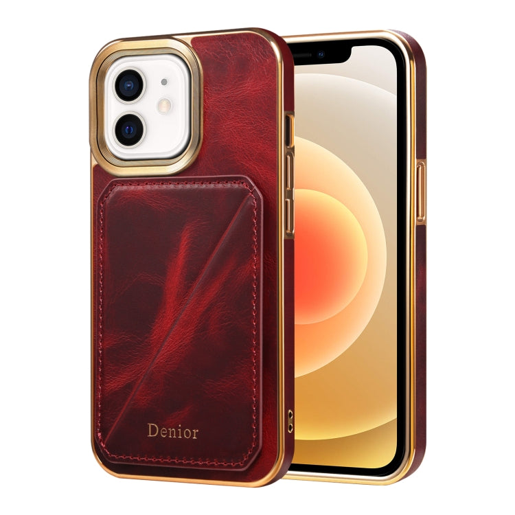 For iPhone 12 / 12 Pro Denior Oil Wax Leather Electroplating Card Slot Holder Phone Case(Red) - HoMEdemic™ 