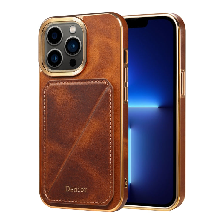 For iPhone 13 Pro Denior Oil Wax Leather Electroplating Card Slot Holder Phone Case(Brown) - HoMEdemic™ 