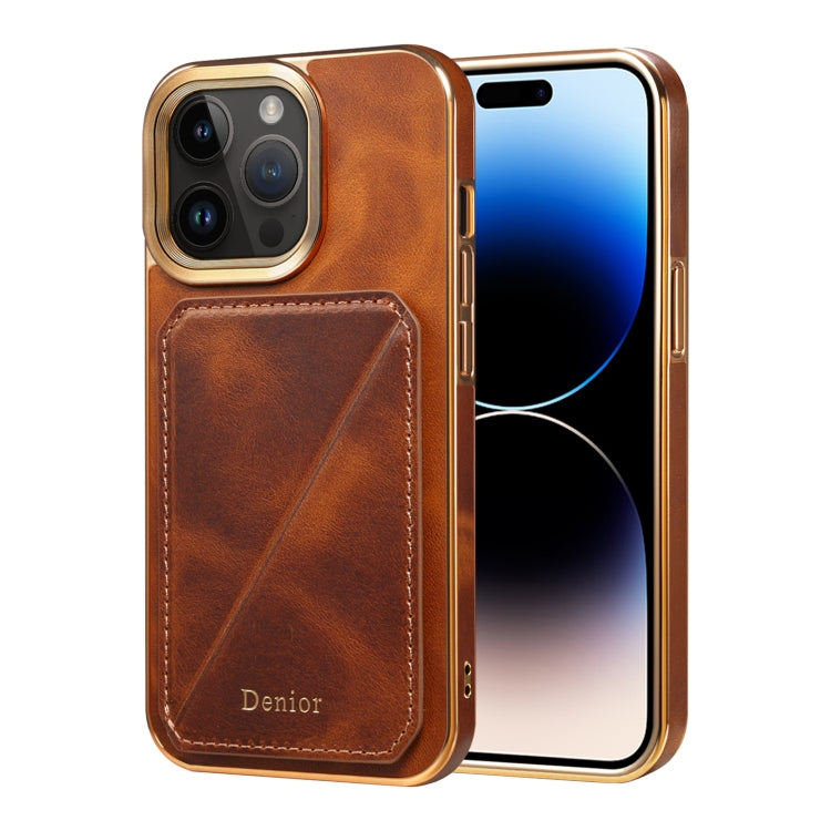 For iPhone 14 Pro Denior Oil Wax Leather Electroplating Card Slot Holder Phone Case(Brown) - HoMEdemic™ 