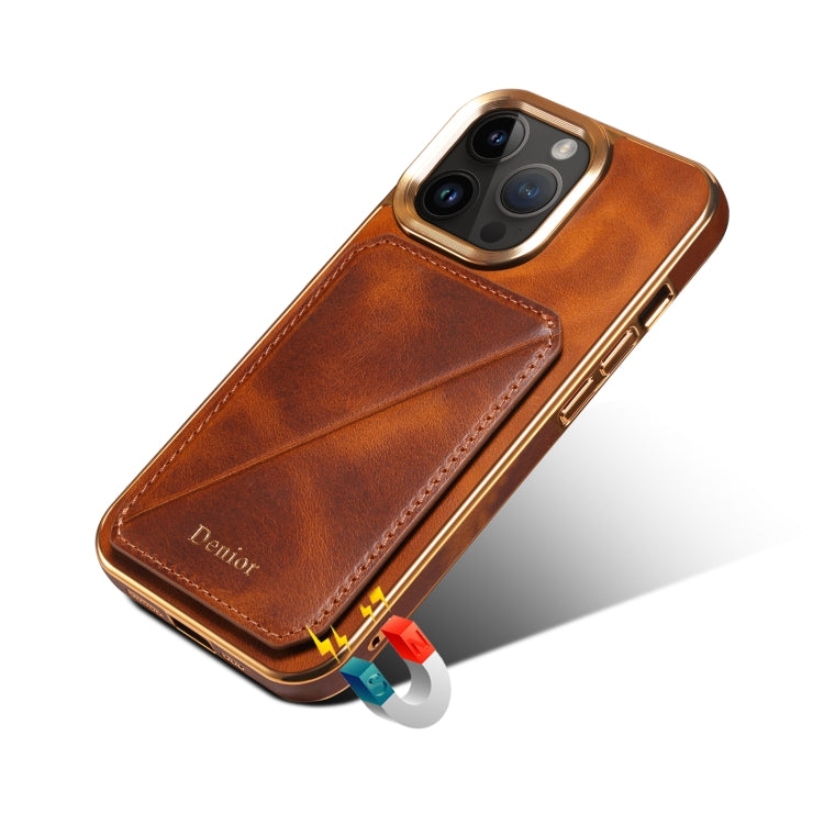 For iPhone 14 Pro Denior Oil Wax Leather Electroplating Card Slot Holder Phone Case(Brown) - HoMEdemic™ 