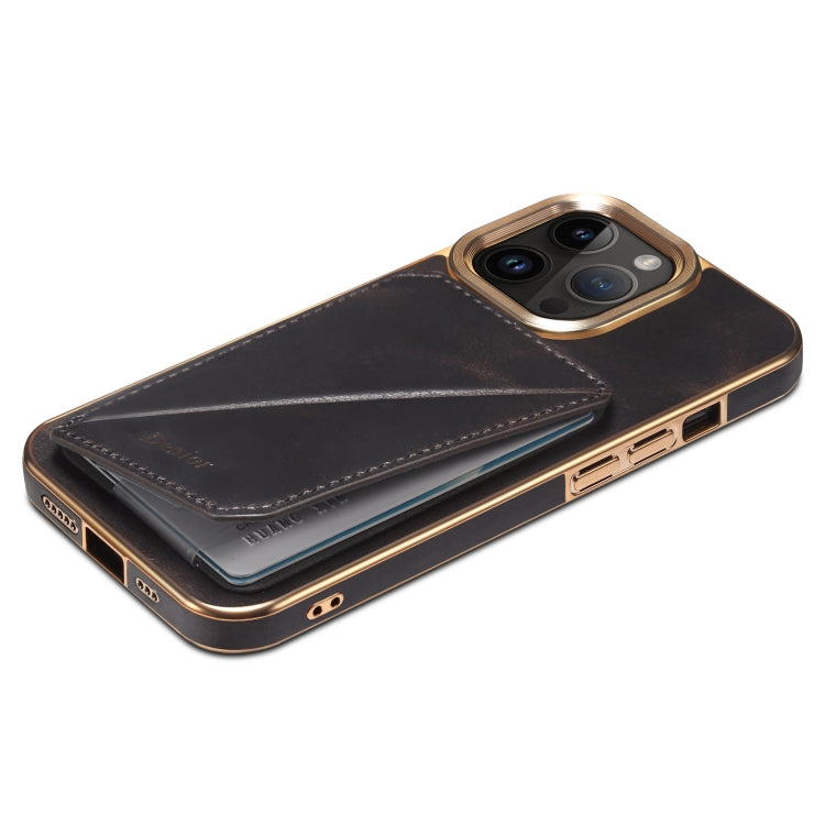 For iPhone 15 Pro Denior Oil Wax Leather Electroplating Card Slot Holder Phone Case(Black) - HoMEdemic™ 