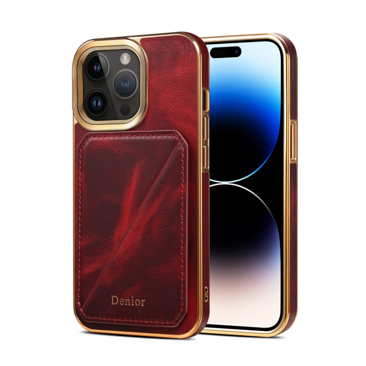 For iPhone 15 Pro Denior Oil Wax Leather Electroplating Card Slot Holder Phone Case(Red) - HoMEdemic™ 