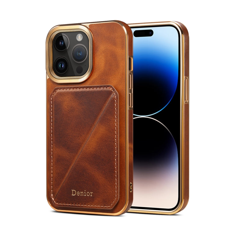 For iPhone 15 Pro Denior Oil Wax Leather Electroplating Card Slot Holder Phone Case(Brown) - HoMEdemic™ 