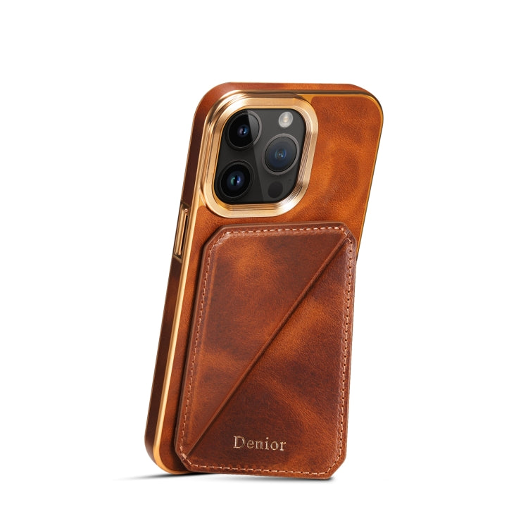 For iPhone 15 Pro Denior Oil Wax Leather Electroplating Card Slot Holder Phone Case(Brown) - HoMEdemic™ 