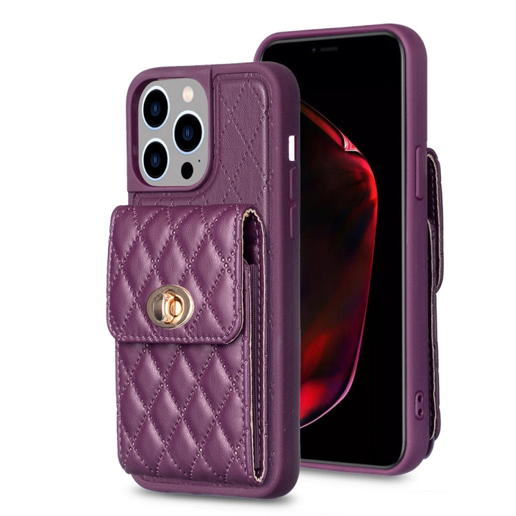 For iPhone 15 Pro Max Vertical Wallet Rhombic Leather Phone Case(Dark Purple) - HoMEdemic™ 