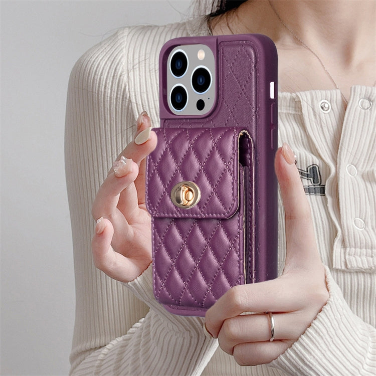 For iPhone 15 Pro Vertical Wallet Rhombic Leather Phone Case(Dark Purple) - HoMEdemic™ 