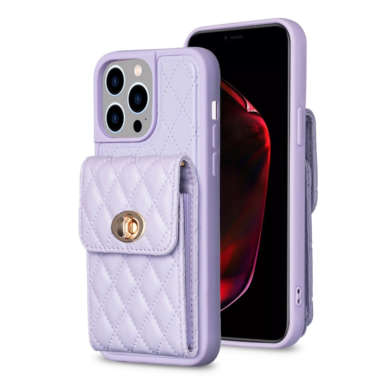 For iPhone 15 Pro Vertical Wallet Rhombic Leather Phone Case(Purple) - HoMEdemic™ 