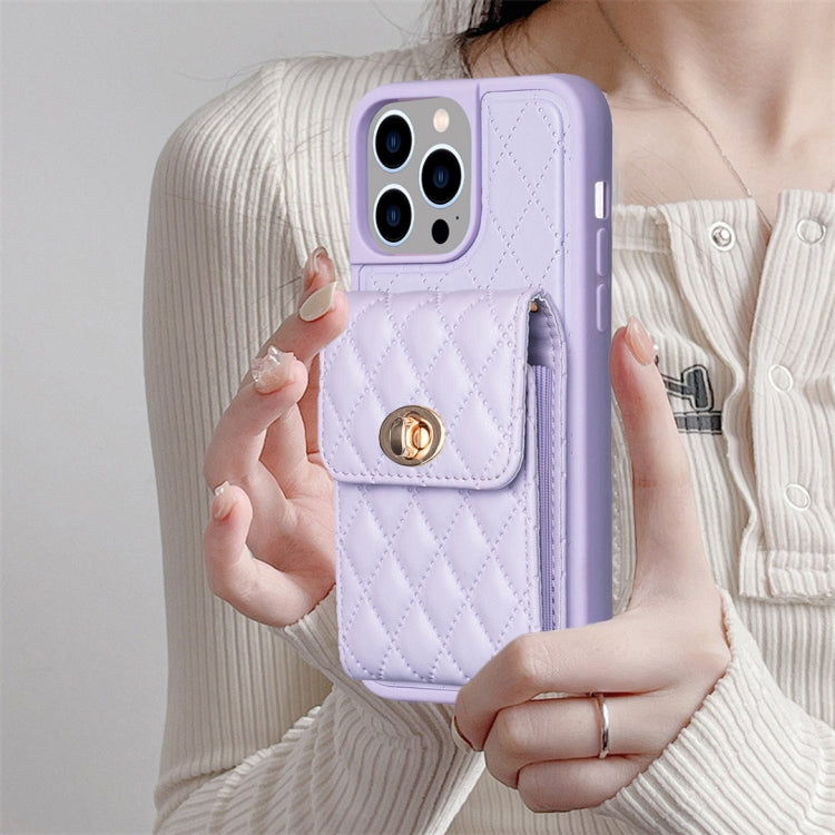 For iPhone 15 Pro Vertical Wallet Rhombic Leather Phone Case(Purple) - HoMEdemic™ 