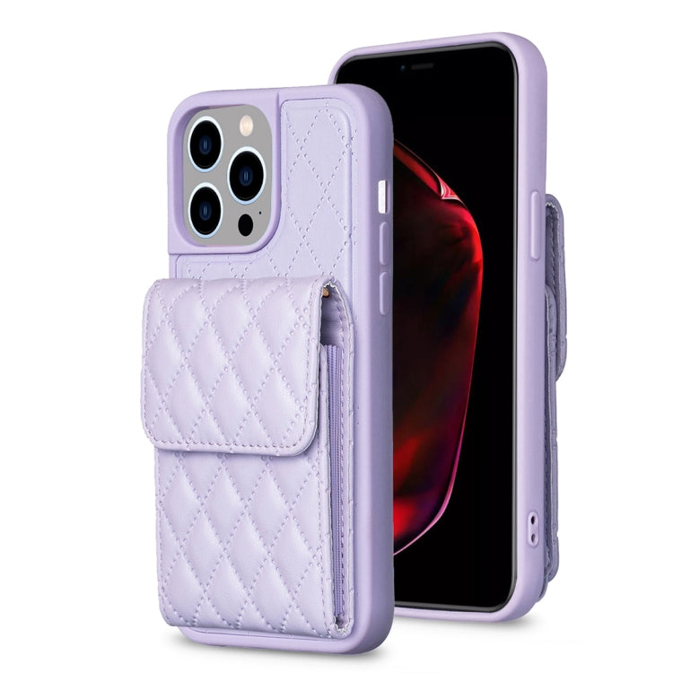For iPhone 15 Pro Vertical Wallet Rhombic Leather Phone Case(Purple) - HoMEdemic™ 