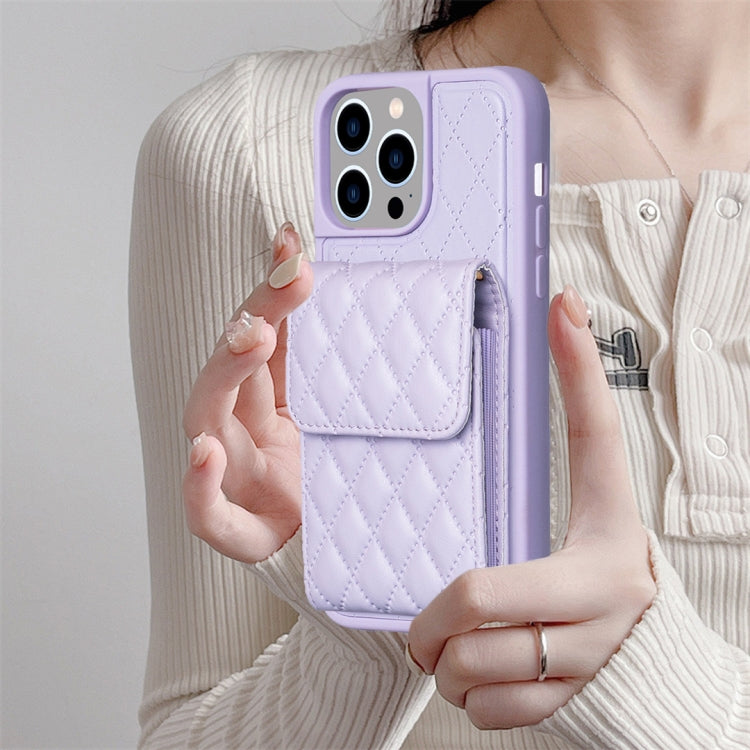 For iPhone 15 Pro Vertical Wallet Rhombic Leather Phone Case(Purple) - HoMEdemic™ 