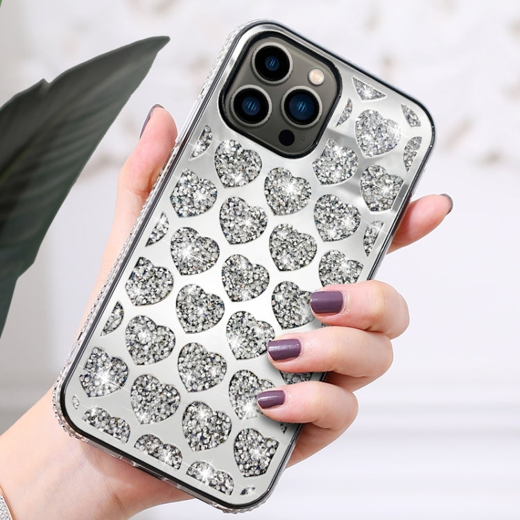 For iPhone 15 Pro Max Love Hearts Diamond Mirror TPU Phone Case(Silver) - HoMEdemic™ 
