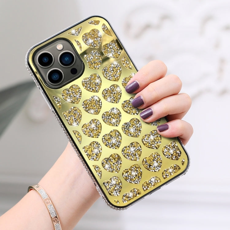 For iPhone 15 Pro Max Love Hearts Diamond Mirror TPU Phone Case(Gold) - HoMEdemic™ 