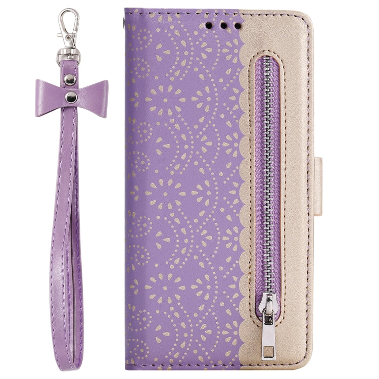 For iPhone 15 Pro Max Lace Pattern Double Button Zipper Leather Phone Case with Lanyard(Purple) - HoMEdemic™ 