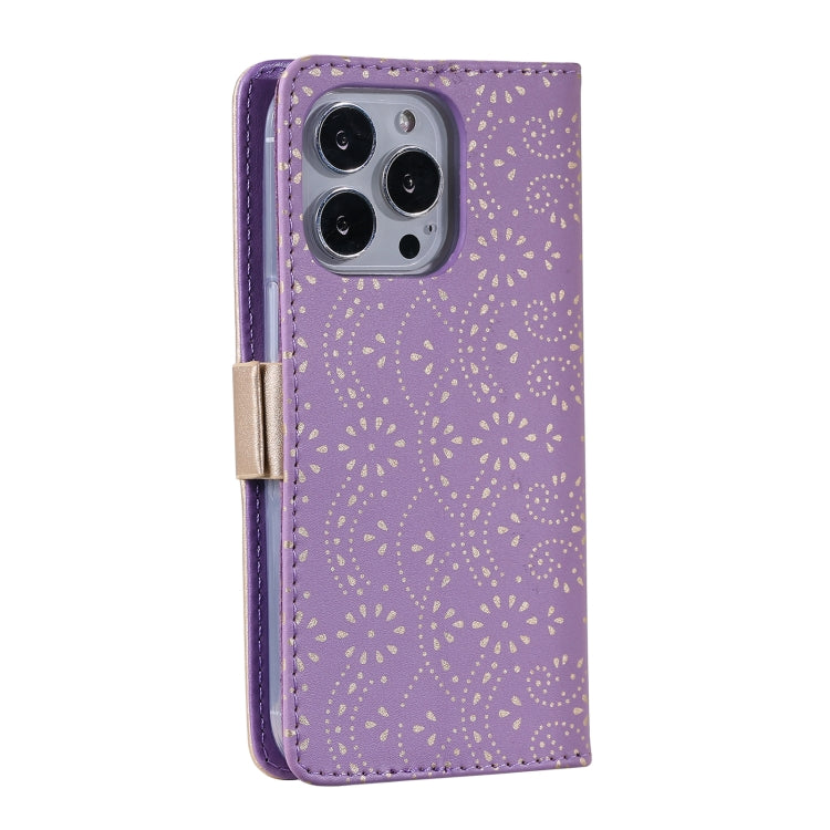 For iPhone 15 Pro Max Lace Pattern Double Button Zipper Leather Phone Case with Lanyard(Purple) - HoMEdemic™ 