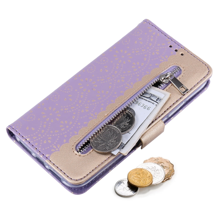 For iPhone 15 Pro Max Lace Pattern Double Button Zipper Leather Phone Case with Lanyard(Purple) - HoMEdemic™ 