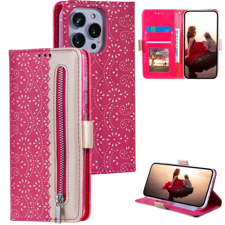 For iPhone 15 Pro Max Lace Pattern Double Button Zipper Leather Phone Case with Lanyard(Rose Red) - HoMEdemic™ 