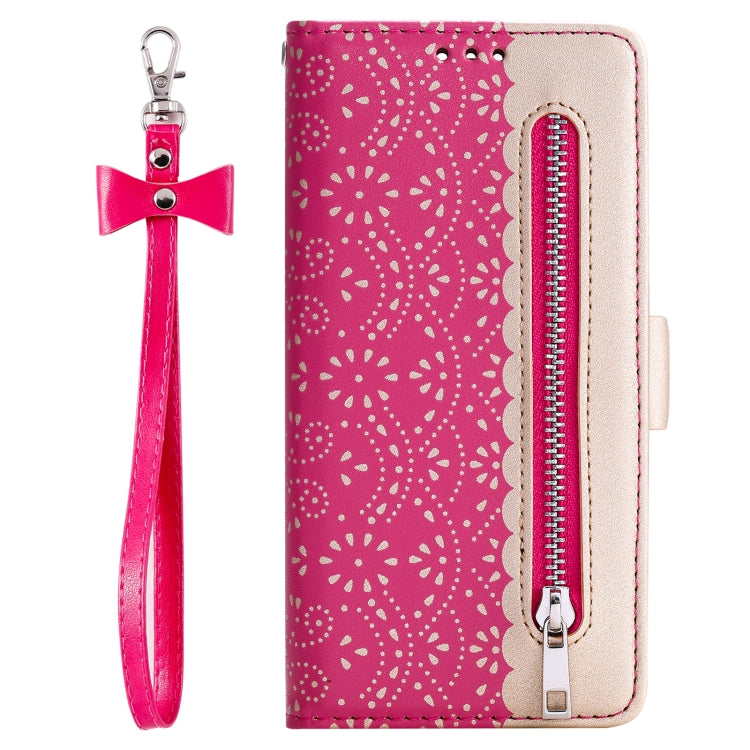 For iPhone 15 Pro Max Lace Pattern Double Button Zipper Leather Phone Case with Lanyard(Rose Red) - HoMEdemic™ 