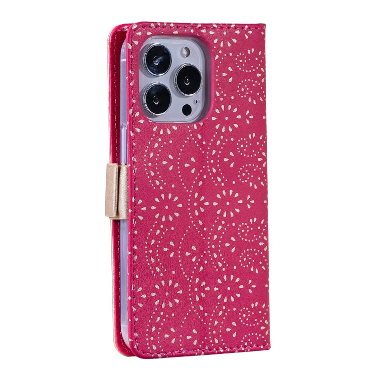 For iPhone 15 Pro Max Lace Pattern Double Button Zipper Leather Phone Case with Lanyard(Rose Red) - HoMEdemic™ 