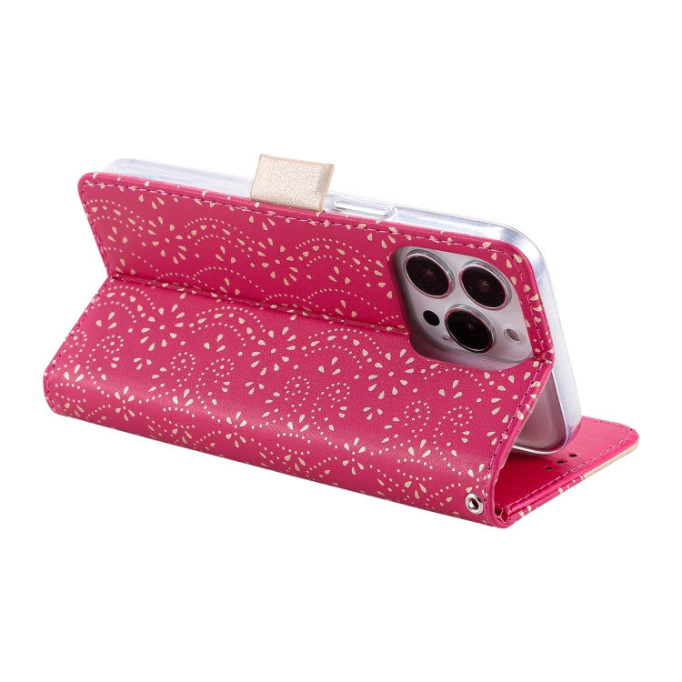 For iPhone 15 Pro Max Lace Pattern Double Button Zipper Leather Phone Case with Lanyard(Rose Red) - HoMEdemic™ 