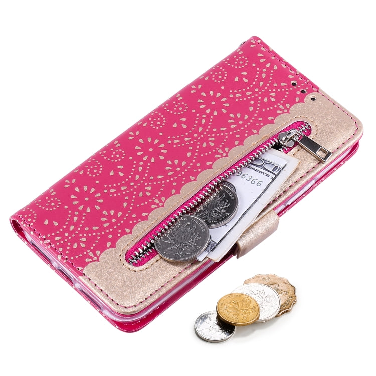 For iPhone 15 Pro Max Lace Pattern Double Button Zipper Leather Phone Case with Lanyard(Rose Red) - HoMEdemic™ 