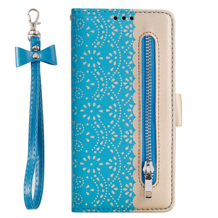For iPhone 15 Pro Max Lace Pattern Double Button Zipper Leather Phone Case with Lanyard(Blue) - HoMEdemic™ 