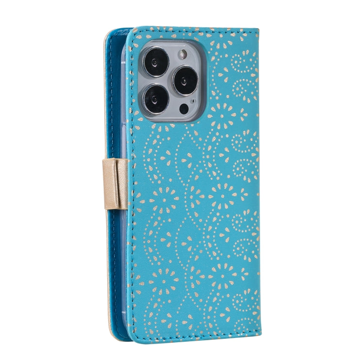 For iPhone 15 Pro Max Lace Pattern Double Button Zipper Leather Phone Case with Lanyard(Blue) - HoMEdemic™ 