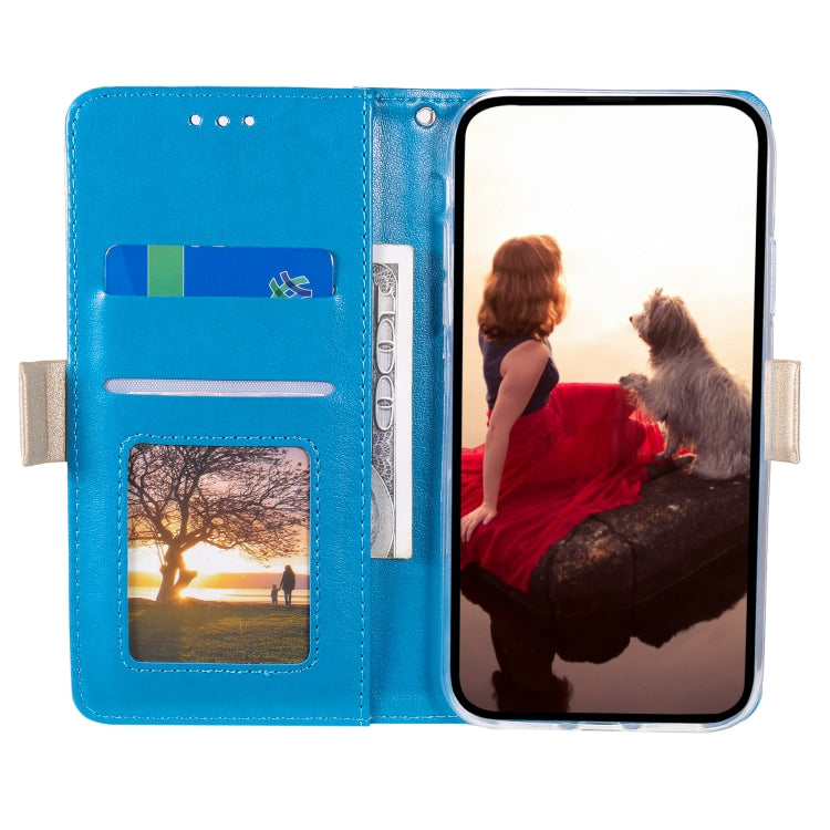 For iPhone 15 Pro Max Lace Pattern Double Button Zipper Leather Phone Case with Lanyard(Blue) - HoMEdemic™ 