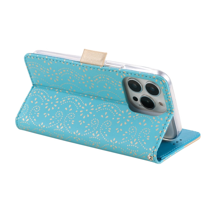 For iPhone 15 Pro Max Lace Pattern Double Button Zipper Leather Phone Case with Lanyard(Blue) - HoMEdemic™ 