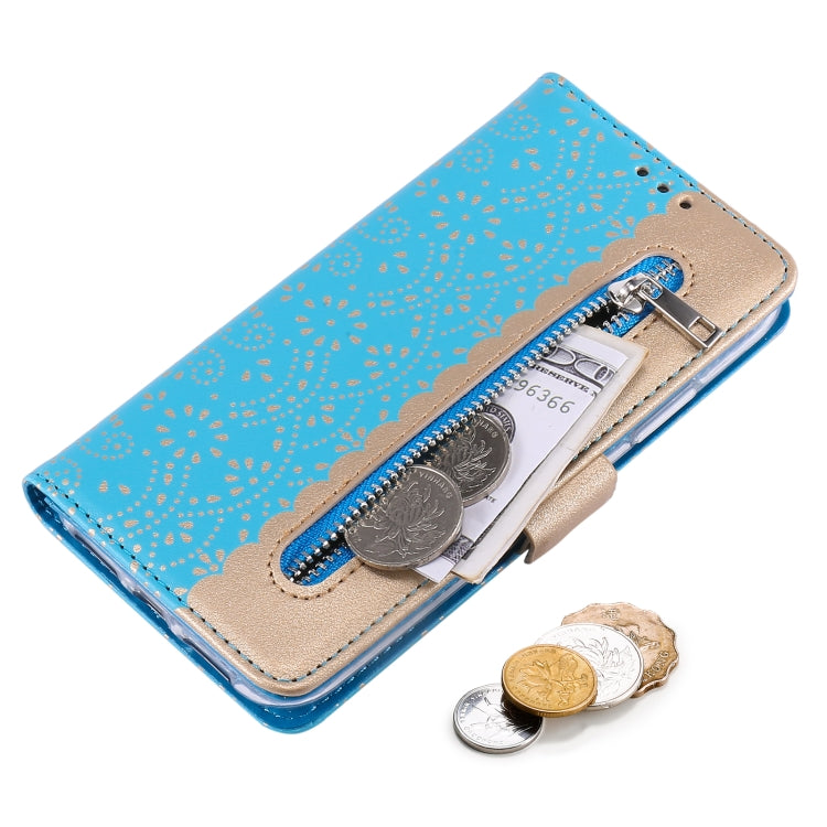 For iPhone 15 Pro Max Lace Pattern Double Button Zipper Leather Phone Case with Lanyard(Blue) - HoMEdemic™ 